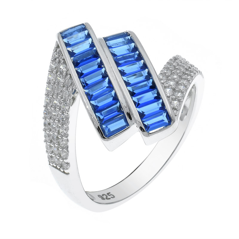 silver ring with baguette blue nano
