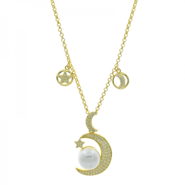 Çin 925 ayar gümüş hilal ay yıldız inci kolye 