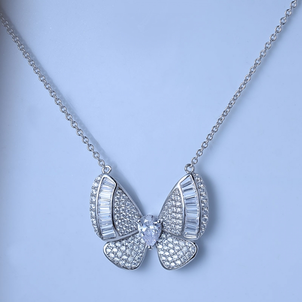925 ayar gümüş beyaz armut kübik zirzonia kelebek kolye kolye ile 18 "zincir 
