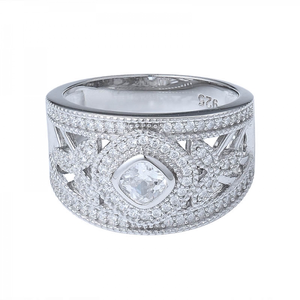 gümüş kübik zirkonya yastık kesim halo gelin düğün band nişan yüzüğü 