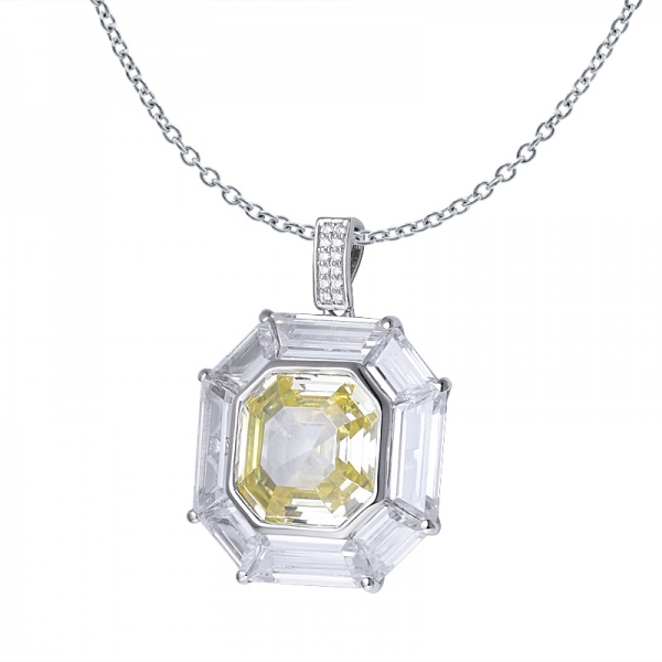 Asscher kesim, gümüş kristal kolye üzerinde sarı elmas rodyum simüle 