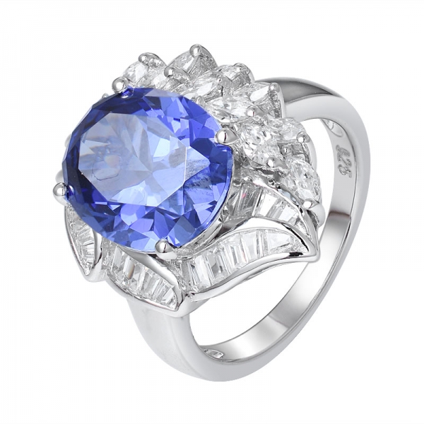 mavi Tanzanit simülasyon CZ kadınlar için nişan yüzüğü üzerinde oval kesim taş rodyum 