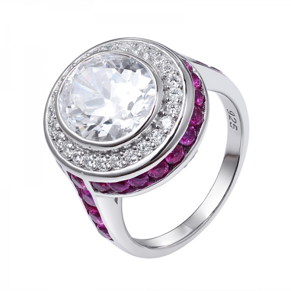 oval kesim beyaz CZ & Ruby korindon rodyum 925 gümüş nişan yüzüğü 