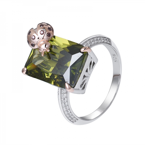 peridot CZ prenses kesim 2 renkli üzeri 925 gümüş nişan yüzüğü 