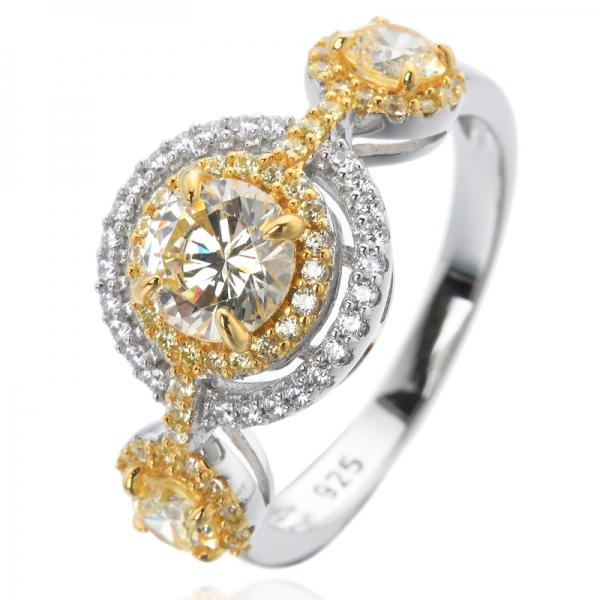 925 ayar gümüş yuvarlak kesim sarı değerli taş üç taş köpüklü söz halo nişan yüzüğü 