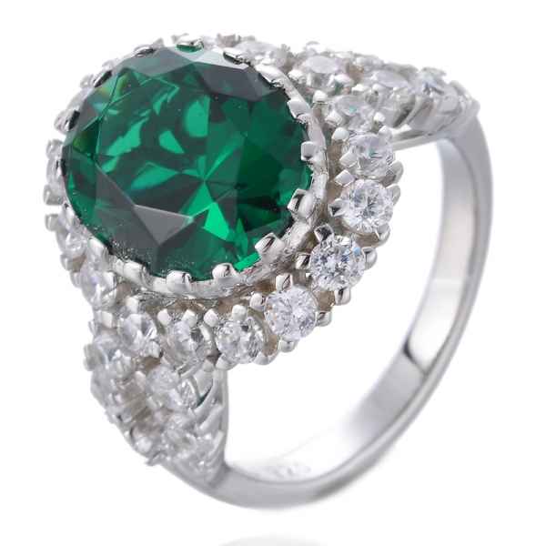 oval yeşil nano zümrüt ve beyaz kübik zirkon 925 ayar gümüş söz yüzüğü 