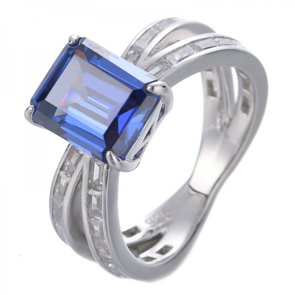 Beyaz Altın 8*10mm Zümrüt Kesim Mavi Tanzanit Aralık Değerli Taş Pırlanta Nişan Yüzüğü
 