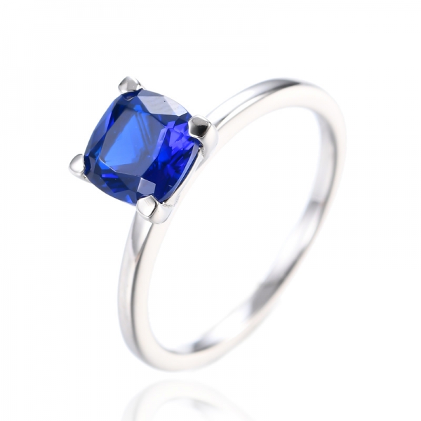 Yastık Şekli Simüle Mavi Safir 925 Gümüş Nişan Yüzüğü 