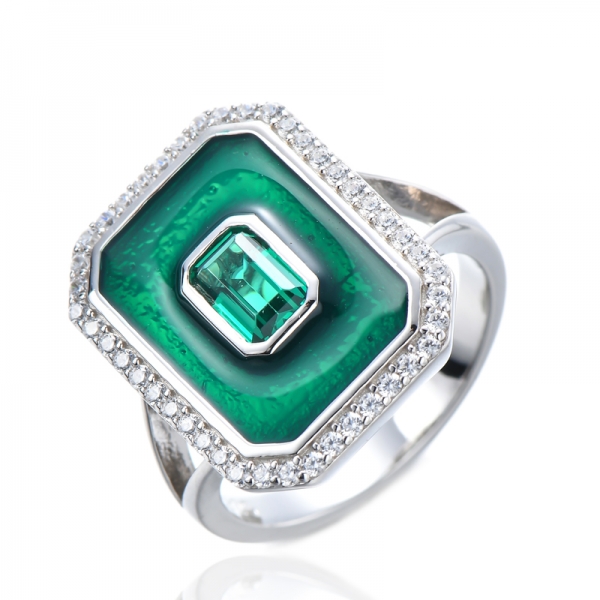 Oluşturuldu Zümrüt & Beyaz Kübik Pırlanta Yeşil Mine Bayan Nişan Yüzüğü 