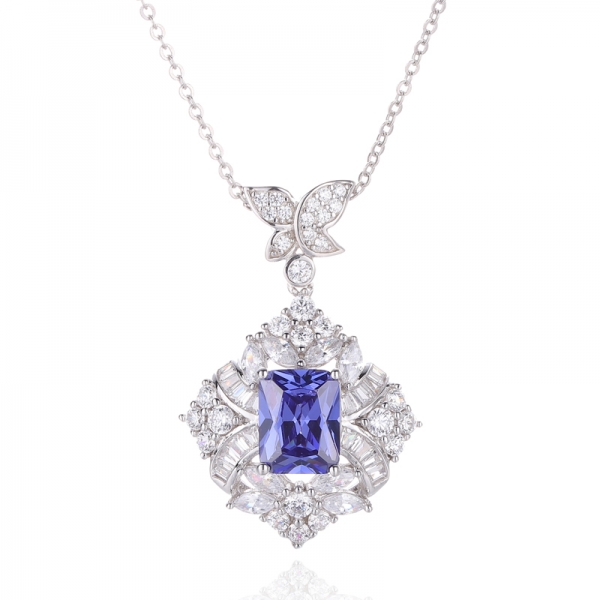 Octagon Tanzanite And White Cubic Zircon Rhodium Silver Pendant 