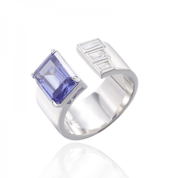 Emerald Cut Tanzanite And Baguette White Cubic Zircon Rhodium Silver Open Ring 