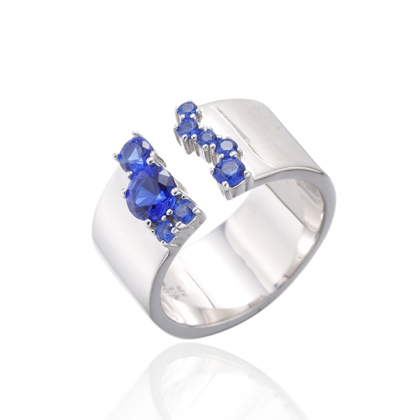 925 Round Blue Nano Rhodium Silver Open Ring 