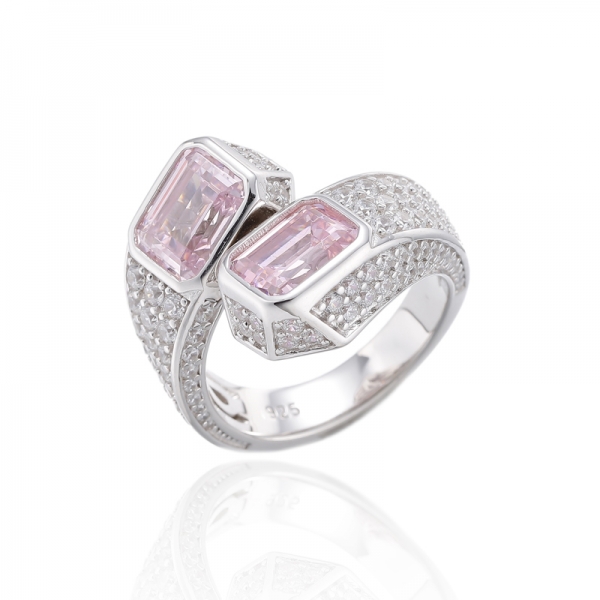 Emerald Shape Morganite Nano And Round White Cubic Zircon Rhodium Silver Ring 