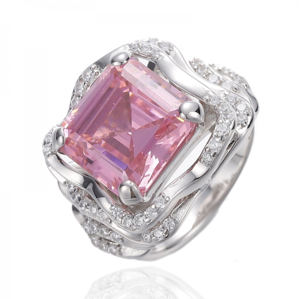 Asscher Pırlanta Pembe Ve Yuvarlak Beyaz Kübik Zirkon Rodyum Gümüş Yüzük 