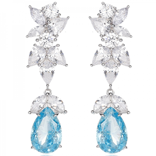 Pear Shape Paraiba And White Cubic Zircon Rhodium Silver Earring 