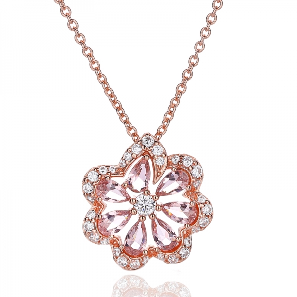 Pear Shape Morganite Nano And Round White Cubic Zircon Silver Pendant With Rose Glod Plating 