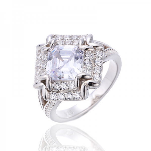 Asscher Pembe Ve Yuvarlak Beyaz Kübik Zirkon Rodyum Gümüş Yüzük 