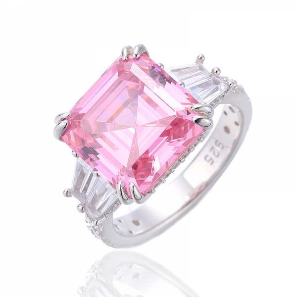 Asscher Pink And White Cubic Zircon Rhodium Silver Ring 