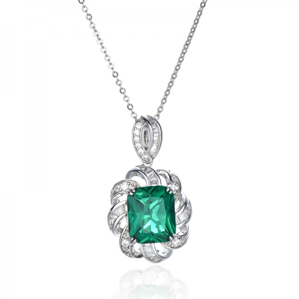 Octagon Green Nano And White Cubic Zircon Rhodium Silver Pendant 