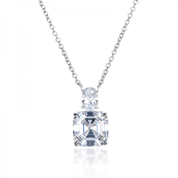 Asscher And Oval Shape White Cubic Zircon Rhodium Silver Pendant 