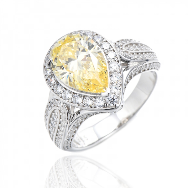 Pear Shape Diamond Yellow And Round White Cubic Zircon Rhodium Silver Ring 