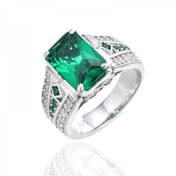 Octagon Green Nano And White Cubic Zircon Rhodium Silver Ring 