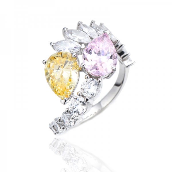 Pear Shape Diamond Yellow And Diamond Pink With White Cubic Zircon Rhodium Silver Ring 