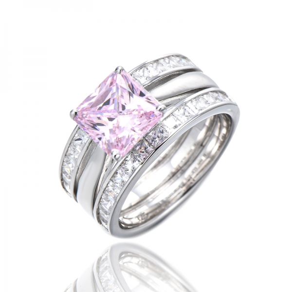 Octagon Diamond Pink And Square White Cubic Zircon Rhodium Silver Ring 