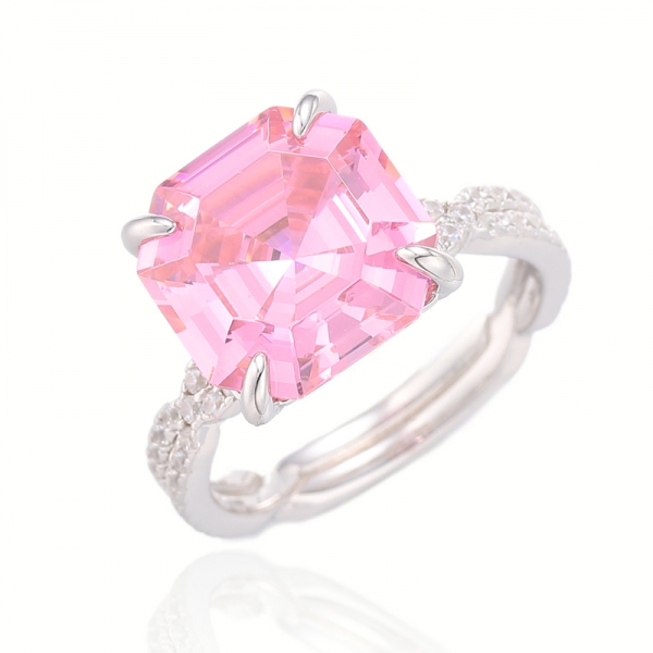 Asscher Pembe Ve Yuvarlak Beyaz Kübik Zirkon Rodyum Gümüş Yüzük 