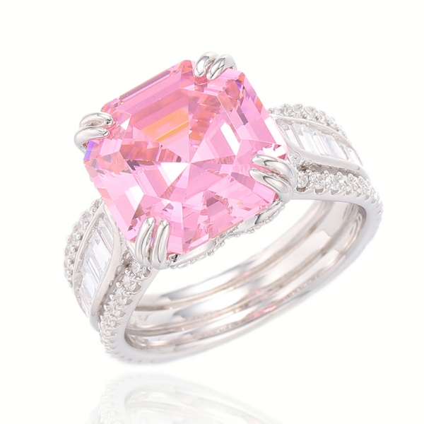 Asscher Pembe Ve Baget Beyaz Kübik Zirkon Rodyum Gümüş Yüzük 