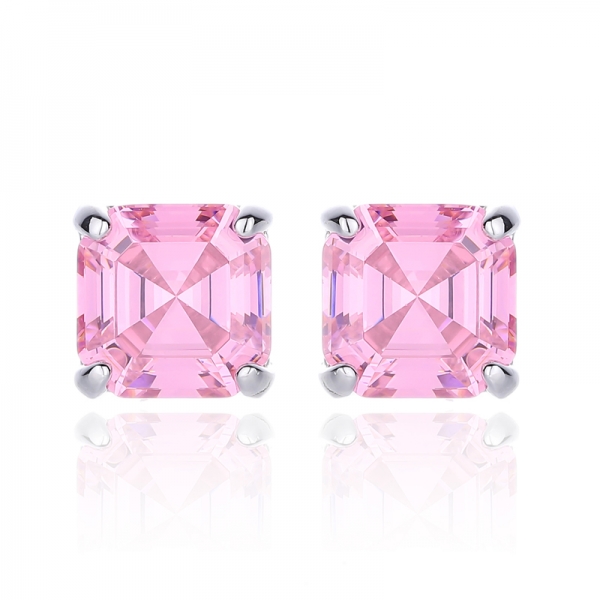 925 Asscher Pembe Ve Yuvarlak Beyaz Kübik Zirkon Rodyum Kaplama Gümüş Küpe 