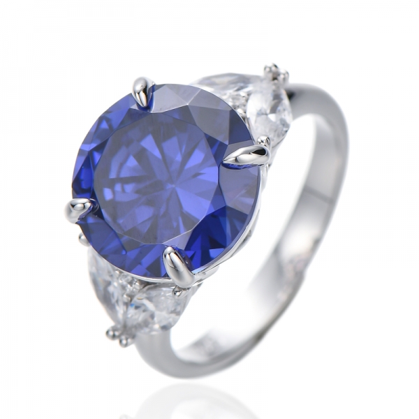 round tanzanite and marquise white cubic zircon rhodium silver ring 