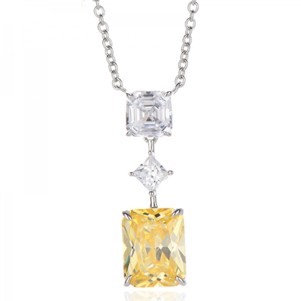 Sekizgen Elmas Sarı Ve Asscher Beyaz Kübik Zirkonyum Rodyum Gümüş Kolye 