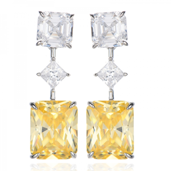 Sekizgen Elmas Sarı Ve Asscher Beyaz Kübik Zirkonyum Rodyum Gümüş Küpe 
