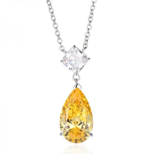 Armut Şeklinde Elmas Sarı Ve Asscher Beyaz Kübik Zirkonyum Rodyum Gümüş Kolye 