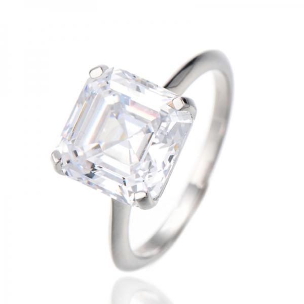 Asscher Beyaz Kübik Zirkonyum Rodyum Gümüş Yüzük 