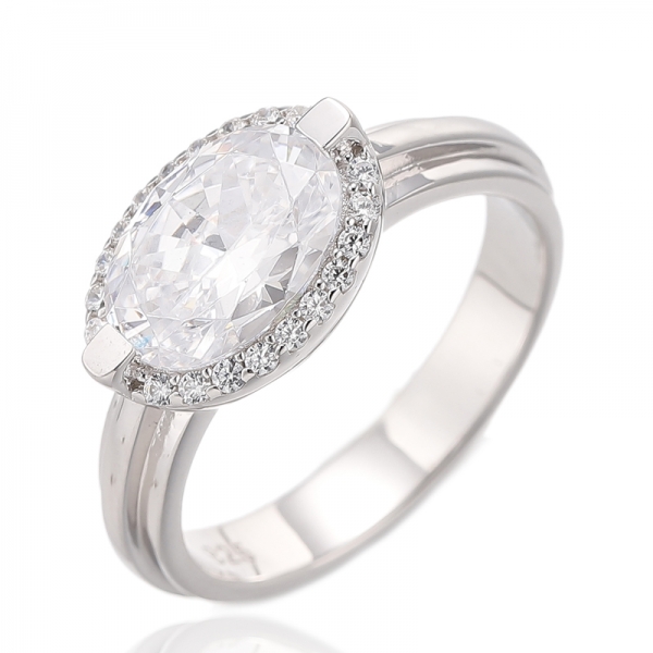 Gül Altın Kaplamalı Oval Şekilli Elmas Pembe ve Yuvarlak Beyaz Kübik Zirkonyum Gümüş Yüzük 