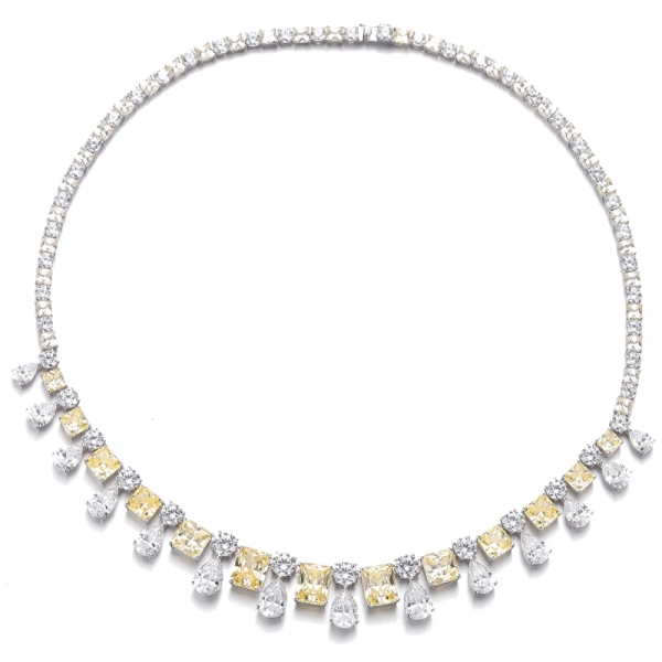 Sekizgen Elmas Sarı ve Armut Şekli Beyaz Kübik Zirkonyum Rodyum Gümüş Kolye 