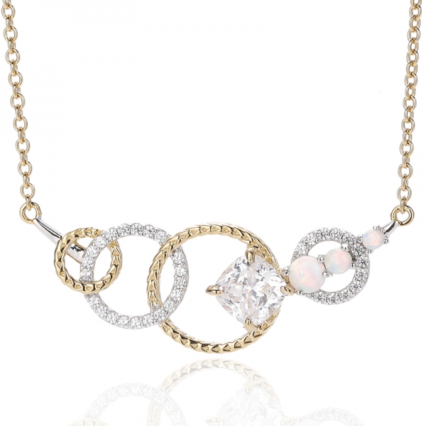 925 Yuvarlak Opal ve Yastık Beyaz Kübik Zirkonyum Gümüş İki Ton Kaplama Kolye 