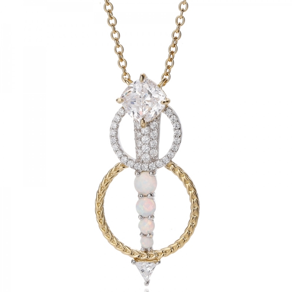 İki Ton Kaplamalı Yuvarlak Opal ve Yastık Beyaz Kübik Zirkonyum Gümüş Kolye 