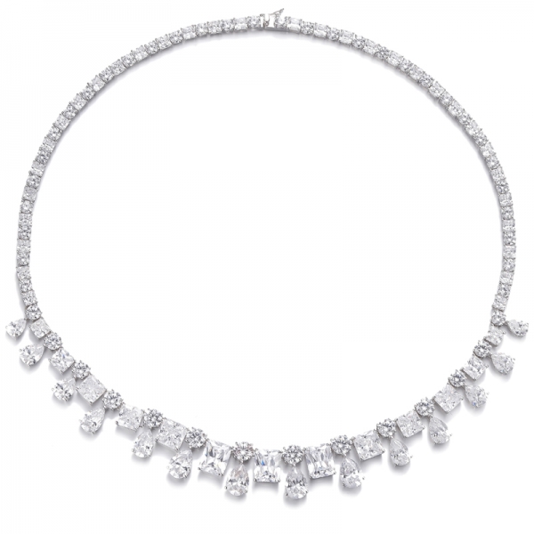 Sekizgen Elmas Sarı ve Armut Şekli Beyaz Kübik Zirkonyum Rodyum Gümüş Kolye 