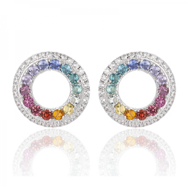 Yuvarlak Gökkuşağı ve Beyaz Kübik Zirkonyum Rodyum Gümüş Küpe 