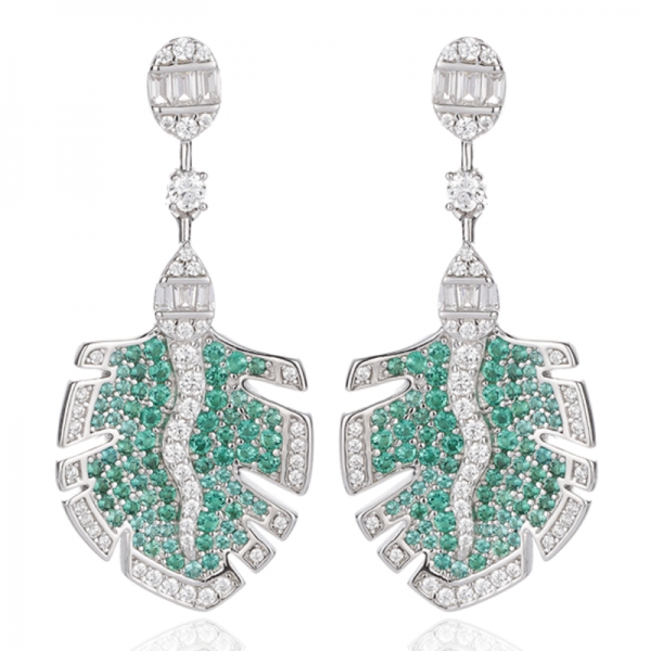 Yuvarlak Yeşil Nano ve Konik Beyaz Kübik Zirkonyum Rodyum Gümüş Küpe 