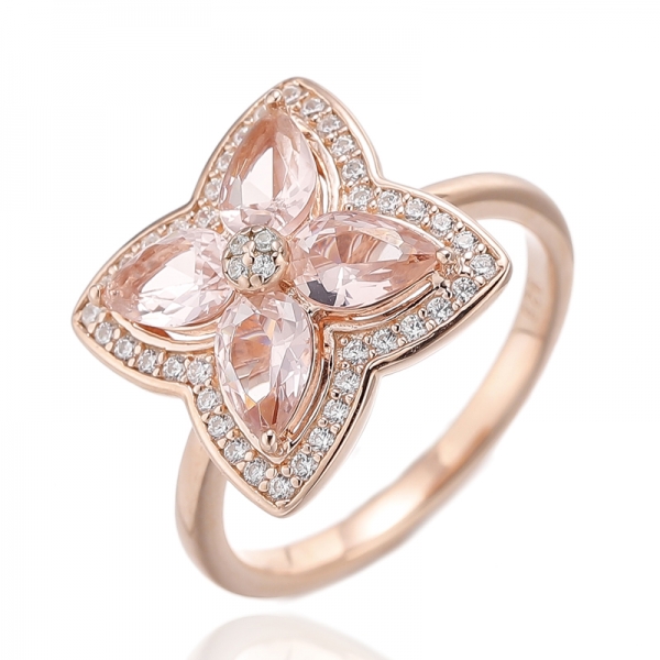 Gül Altın Kaplamalı Armut Şeklinde Morganit Nano ve Yuvarlak Beyaz Kübik Zirkonyum Gümüş Yüzük 